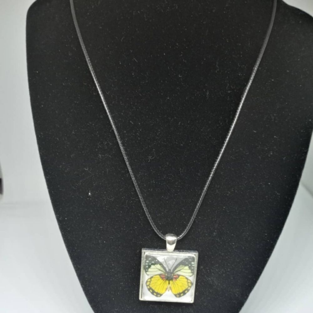 Yellow Butterfly Silver Square glass pendant chain